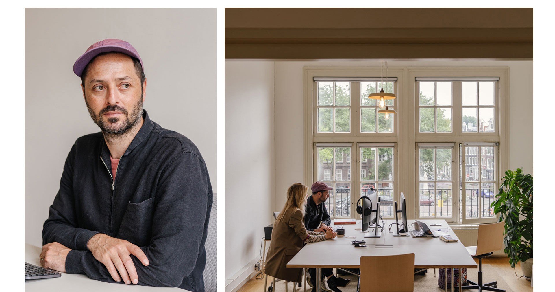 Portrait of the digital artist Alexis Christodoulou and Alexis Christodoulou with his assistant in his studio.